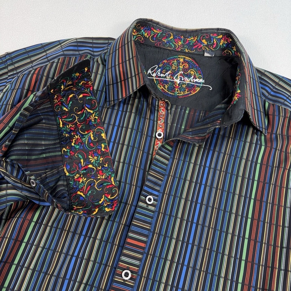 Robert Graham Shirt Men's XL Multicolor Stripe Cotton Flip Cuff Paisley *READ*